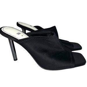 Zara Womens Size 38 Stiletto Heel peep toe  mules shoes Black Fabric upper